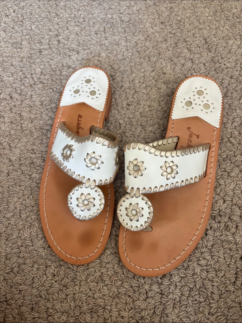 Jack Rogers White and Tan Leather Floral Millie Sandals